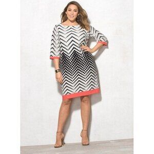 Dressbarn Black White Geometric Chevron‎ Polka Dot Shift Dress Size 12 Office